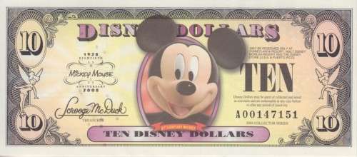 SALE!!!  DISNEY DOLLARS - TEN DOLLAR  - (A) 2008 BOBBY HEAD MICKEY - UNC IN DISNEY ENVELOPE