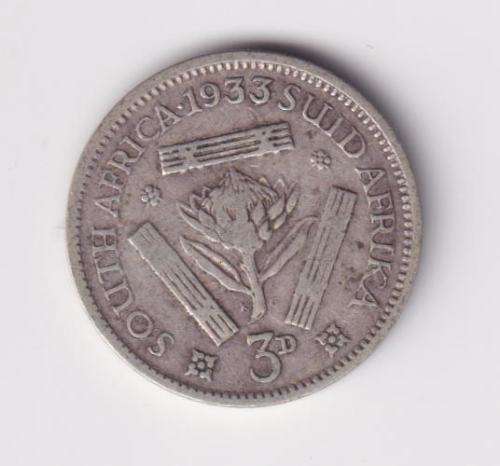 UNION OF SOUTH AFRICA 1933  TICKEY 3 PENCE (SILVER)