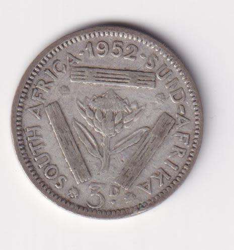 UNION OF SOUTH AFRICA 1952  TICKEY 3 PENCE (SILVER)