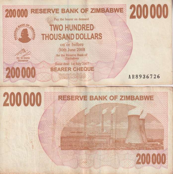 Zimbabwe 200,000 Dollars Bearer Cheque 2007 P-49 VF