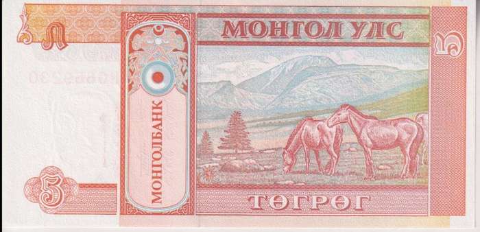 MONGOLIA 5 TUGRIK 1993 P53 UNC
