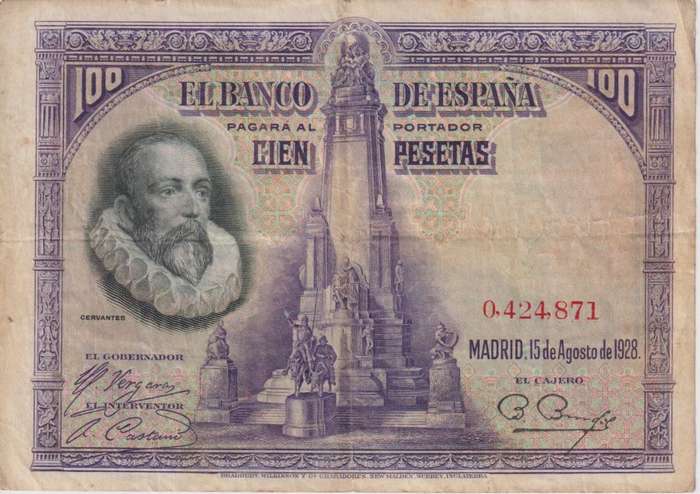 SPAIN 100 PESETAS 1928  P-76a. VF