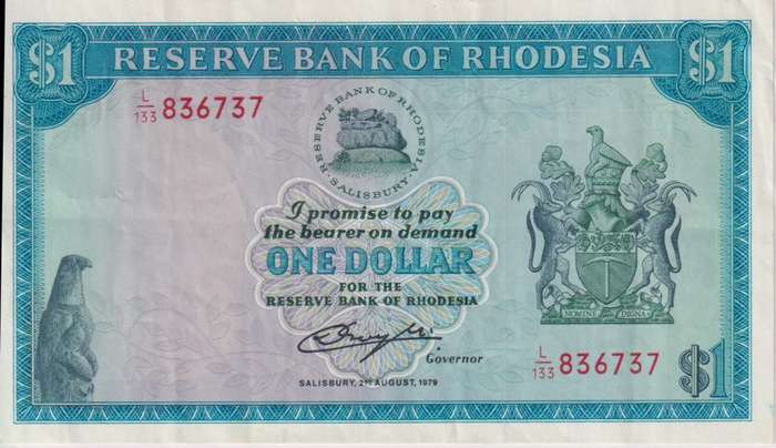 RHODESIA 1 DOLLAR 2 August 1979 Zimbabwe Bird WATERMARK P38a VF