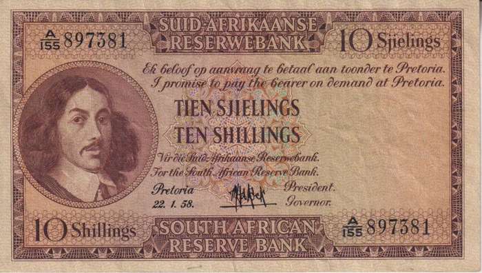UNION OF SOUTH AFRICA - 10 SHILLINGS M.H. de Kock A/155 1958 #59 XF