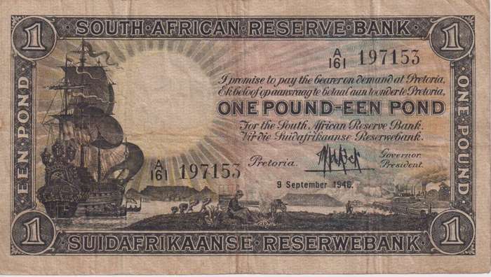 UNION OF SOUTH AFRICA - 1 POND M.H. de Kock A/161 1946 #106 VF