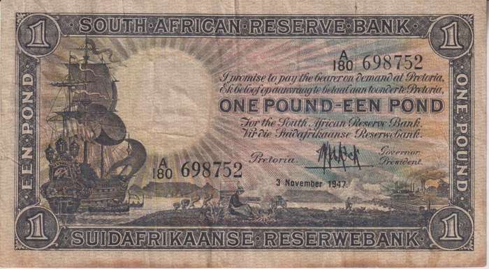 UNION OF SOUTH AFRICA - 1 POND M.H. de Kock A/180 1947 #107 VF