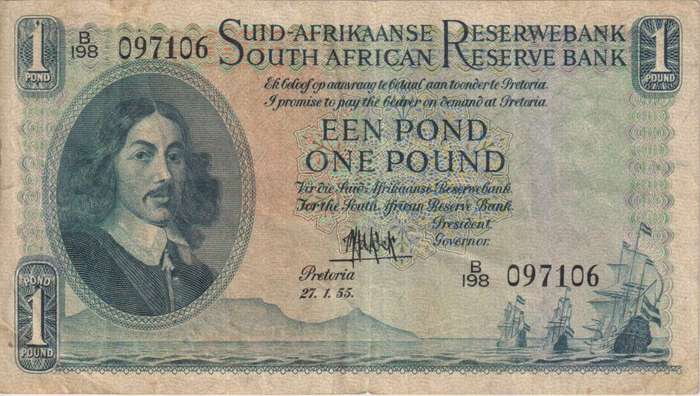 UNION OF SOUTH AFRICA - 1 POUND M.H. de Kock B/198 1955 #137 VF