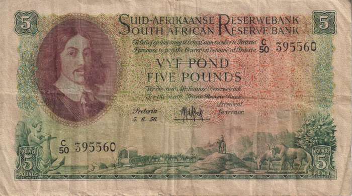 UNION OF SOUTH AFRICA - 5 POND M.H. de Kock C/50 5/6/1956  #196 F