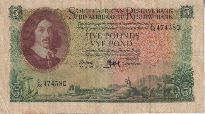 UNION OF SOUTH AFRICA - 5 POND M.H. de Kock 3RD ISSUE C/73 14/05/1959 #199 VF