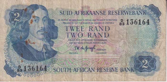 REPUBLIC OF SOUTH AFRICA - 2 RAND T.W.de Jongh D/83 1974 #A/E 381 F (note dirty)