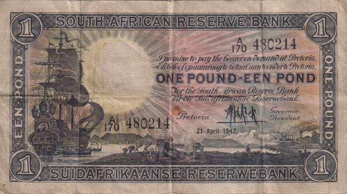UNION OF SOUTH AFRICA - 1 POND M.H. de Kock A/170 1947 #107 VF