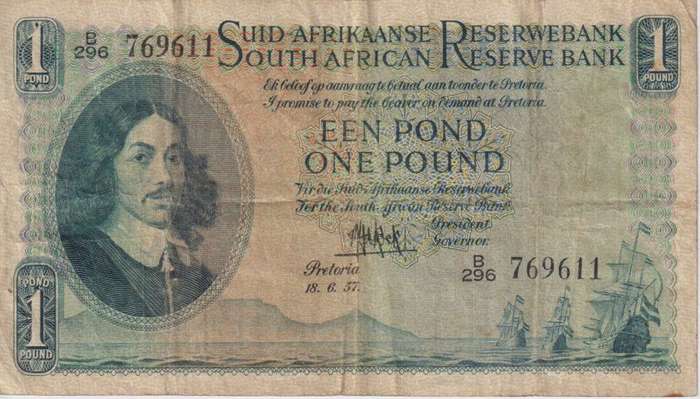UNION OF SOUTH AFRICA - 1 POUND M.H. de Kock B/296 1955 #137 VF