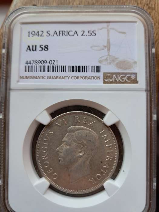 1942 SILVER 2.5 S GEORGE V1 NGC GRADED AU58