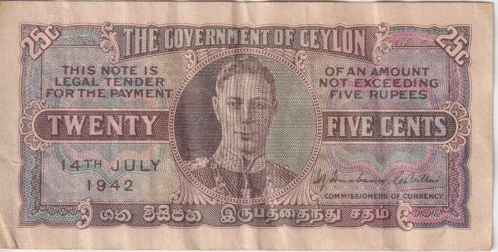 CEYLON 25 Cents 1942 P-44a.2 VF - SCARCE
