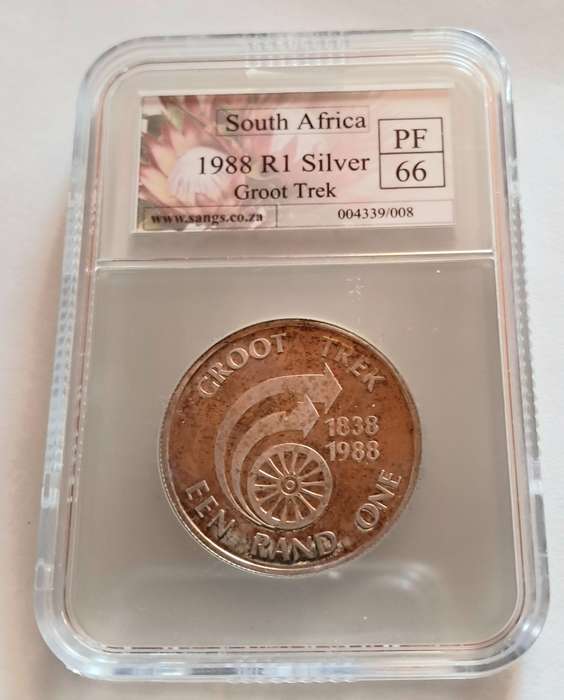 SOUTH AFRICA - SILVER PROOF ONE RAND GROOT TREK R1 SANGS GRADED PF66