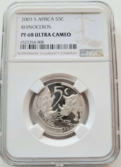 REPUBLIC OF SOUTH AFRICA - 2003 SILVER PROOF 5c BIG 5 - RHINO - NGC GRADED PF68 ULTRA CAMEO
