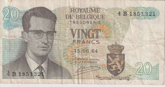 Belgium, 20 Francs, 1964, P-138, VF