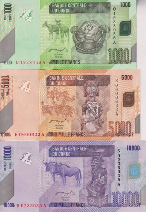 CONGO D.R. 1000, 5000, 10,000 FRANCS 2005 P101,102,103  UNC