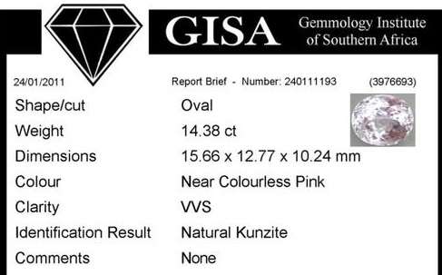 G.I.S.A. CERTIFIED 14.38CT KUNZITE  Pastel Pink, VVS