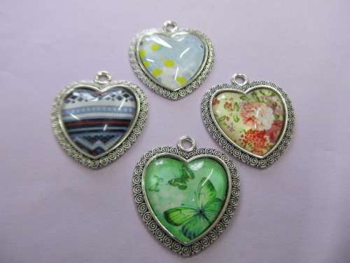 Pendant, Heart, Metal, Nickel, Random Colours And Motives, 37mm, 1pc