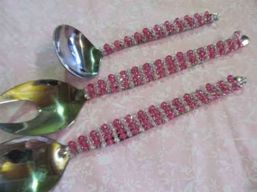 Salad Server + Ladle, Stainless Steel, Beaded Handles, Pink and Clear Beads