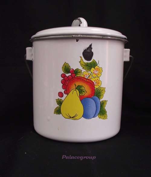 White Enamel Bucket With Lid, White Inside, Fruit Theme On Two Sides, Capacity 2,5l, See Photos...