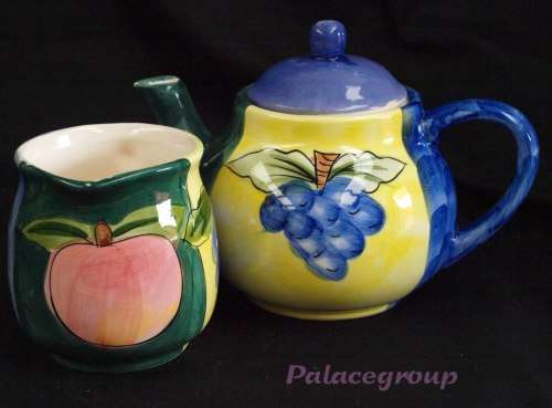 Tea Pot and Milk Jug, Shades Of Blue, Yellow and Green With Fruit Decoration, Glazed, See Photos....
