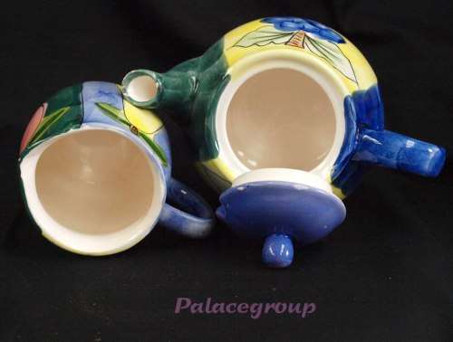 Tea Pot and Milk Jug, Shades Of Blue, Yellow and Green With Fruit Decoration, Glazed, See Photos....