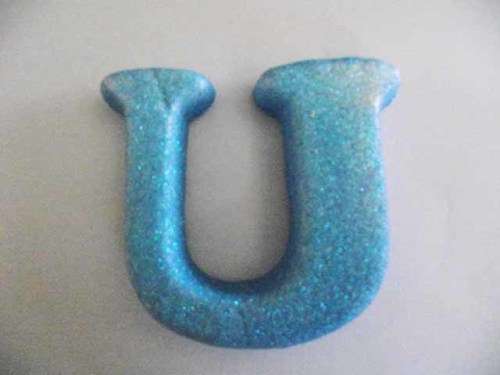 Polistyrene Letter U, Blue  With Glitter, ±100mm x 20mm, 1pc