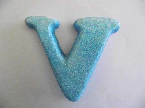 Polistyrene Letter V, Blue  With Glitter, ±100mm x 20mm, 1pc