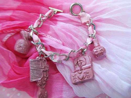 Cheri Bracelet, Chain With Ribbon And 4 Charms, Toggle Clasp, Nickel, Pink, 18cm, 1pc