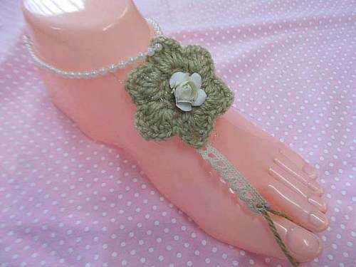 Foot Jewellery, Crocheted Flower, Shades Of Beige, 1 Pair