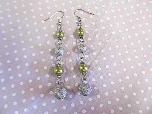 Perrine Earrings, Olive Green Glass Pearls With Metal Balls, Nickel, 77mm, 2pc