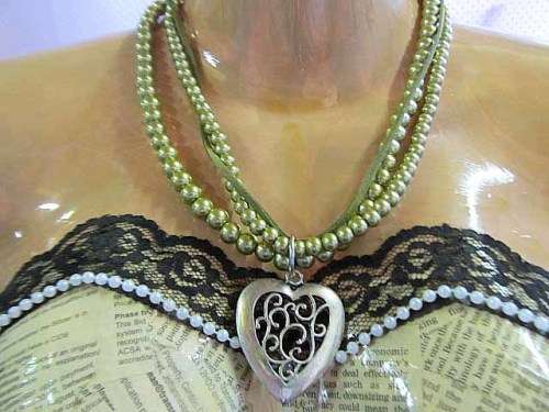 Perrine Necklace, Glass Pearls And Velvet Leather Cord With Metal Heart Pendant, Olive, 46cm, 1pc