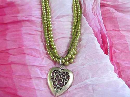 Perrine Necklace, Glass Pearls And Velvet Leather Cord With Metal Heart Pendant, Olive, 46cm, 1pc