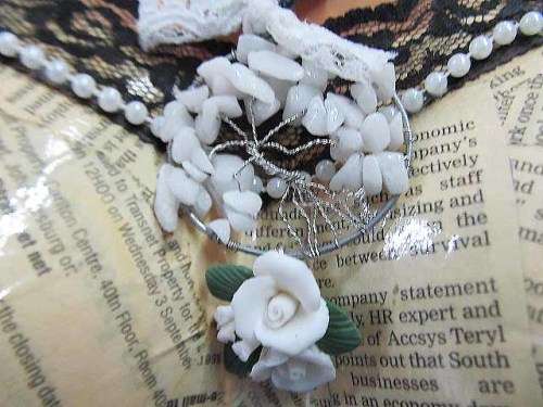 Cheri Necklace, Glass Pearls And Denim Material + Tree Of Life, White And Blue, Lobster Clasp, 46cm
