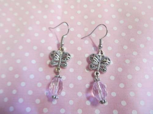 Cristia Earrings,  Nickel Butterfly With Pink Crystal Beads, 50mm, 1 Pair
