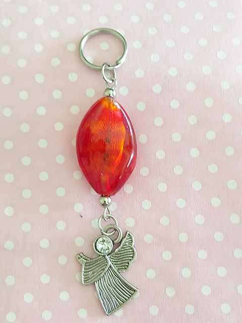 Keyring, Red Foil Bead With Nickel Angel, 9cm, 1pc