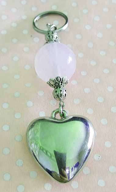 Simone Keyring, Keyring With Pink Rose Quartz Bead And Heart Charm, Nickel, 90mm, 1pc