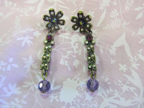 Riza Earrings, Clear And Purple Rhinestones, Bronze, ±50mm Long, 2pc