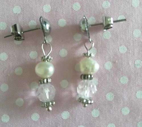 Perrine Earrings, White Freshwater Pearl With Clear Crystal Bead And Nickel Findings, 28mm, 2pc