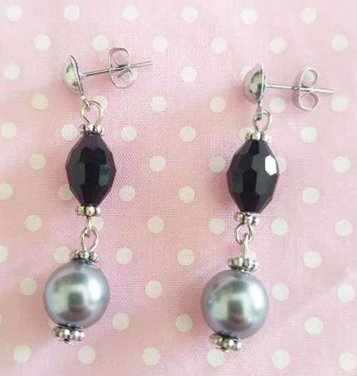 Perrine Earrings, Silver Glass Pearls And Black Crystal Beads, Nickel Findings, 45mm, 2pc