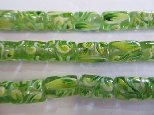 Glass Beads, Fancy, Hand Painted, Tube, Green, 15mm x 10mm, 4pc
