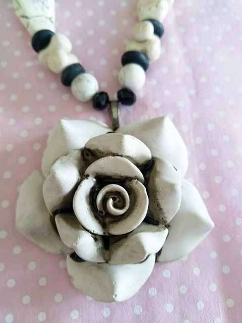 Simone Necklace, Cream Howlite Beads, Black Shell Pearls And Small Black Wooden...Toggle Clasp, 46cm