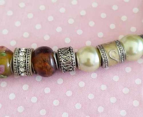 Riza Necklace, Beige And Brown Pandora Style Beads And More, Lobster Clasp, 44cm With 5cm Ext
