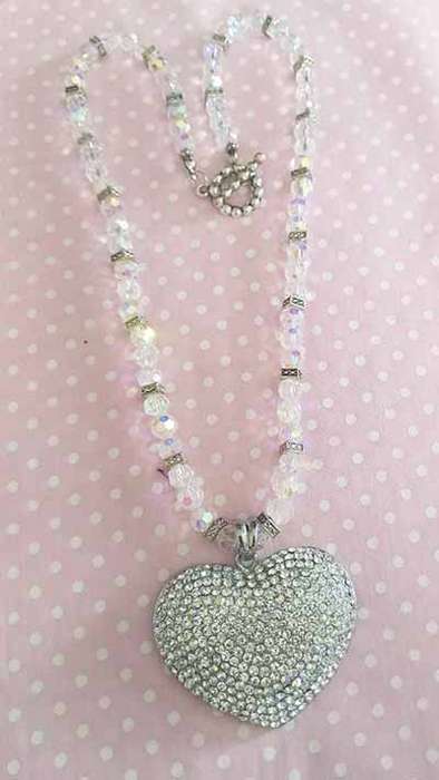 Cristia Necklace, Clear AB Facetted Crystal Beads, Rhinestone Heart Pendant, Toggle Clasp, 46cm, 1pc