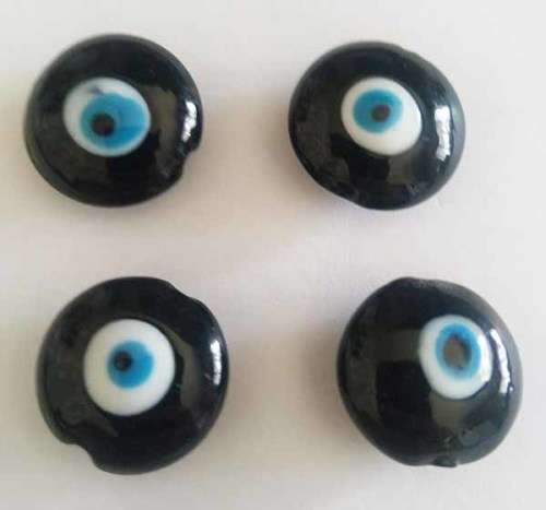 Glass Beads, Hand Crafted, Eye Beads, Flat Round, Black, 20mm x 11mm, 2pc