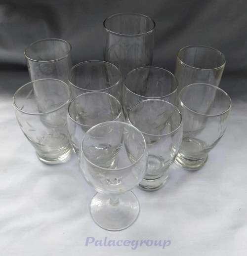 1 Set / 11pc Vintage Etched Grape Pattern Glasses, Good Condition, See Photo`s