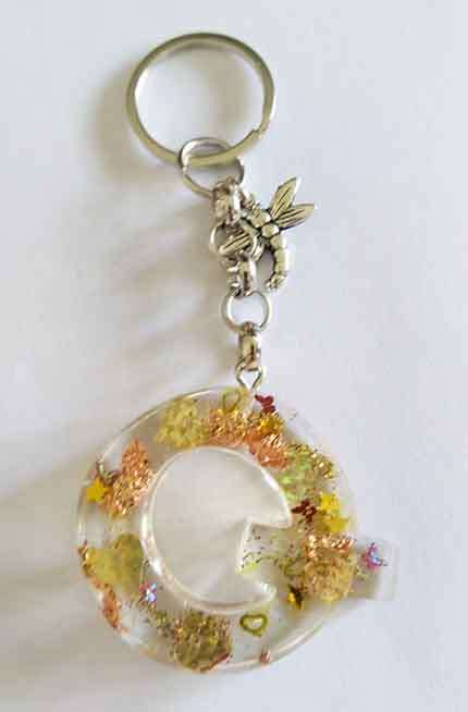 Personal Keyring, Yellow And Bronze Letter `Q`, 40mm x ±9mm, Resin Product, Handmade, Unique