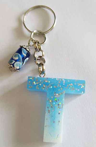 Personal Keyring, Blue And White Letter `T`, 40mm x ±9mm, Resin Product, Handmade, Unique